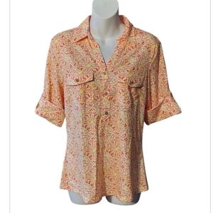 NWT Cathy Daniels Calypso Coral Rolled Tab Sleeve Print Shirt ~sz S